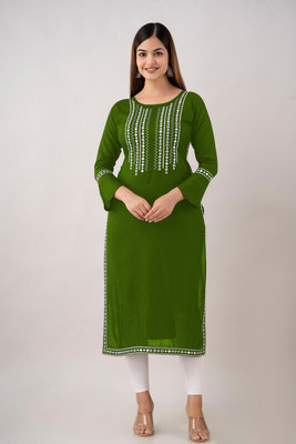 HouseOfCommon Women Embroidered Straight Kurta(Green)