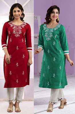 SISTO Women Chikan Embroidery Straight Kurta(Multicolor)