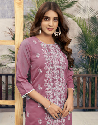 Skylee Women Chikan Embroidery, Embellished, Dyed/Ombre, Self Design Straight Kurta(Pink)