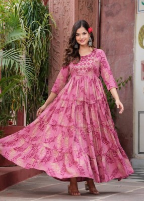 krishna textile Women Printed Gown Kurta(Pink)