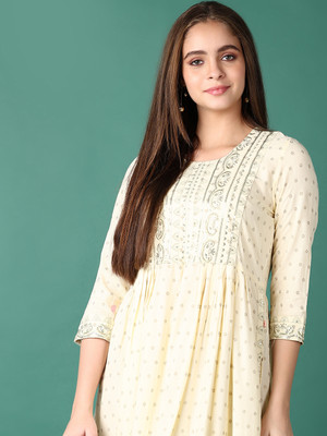 V-MART Women Printed A-line Kurta(Yellow)