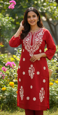 THECHIKANKARI Women Chikan Embroidery Straight Kurta(Red)