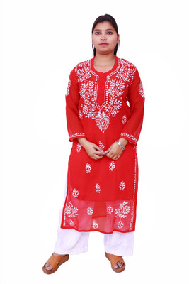 Unstop Women Chikan Embroidery Ethnic Dress Kurta(Orange)