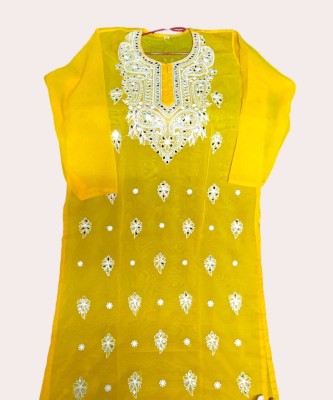 uk fashion Women Chikan Embroidery High Low Kurta(Yellow)