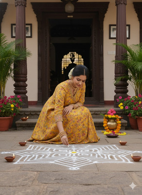 Sa Rasa Women Floral Print Anarkali Kurta(Yellow)