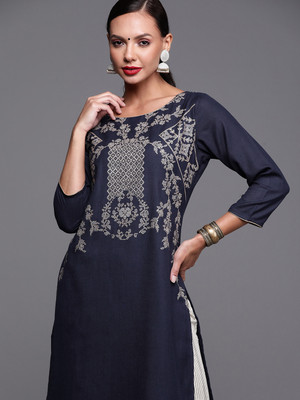 Indo Era Women Printed Straight Kurta(Dark Blue)