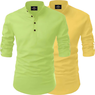 Fashion Marts Men Solid Straight Kurta(Light Green, Yellow)