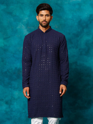 VM Men Embellished A-line Kurta(Dark Blue)