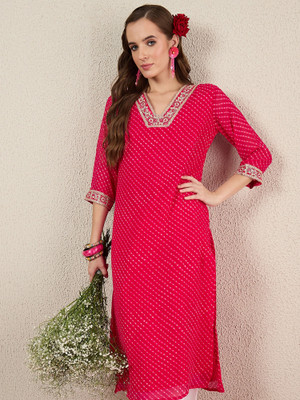Indo Era Women Printed Straight Kurta(Pink)