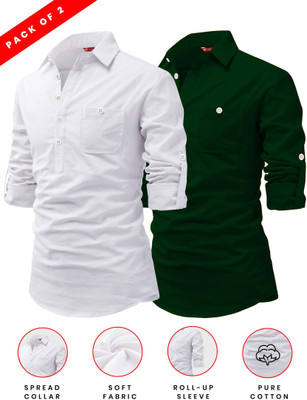 Yugnik Men Solid A-line Kurta(Green, White)