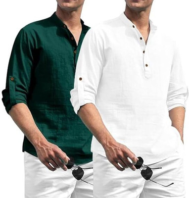 Vimal Star Men Solid A-line Kurta(Green, White)