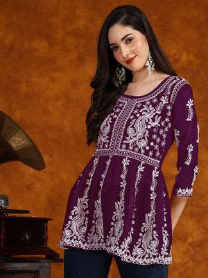 HERE&NOW Women Chikan Embroidery Flared Kurta(Purple)
