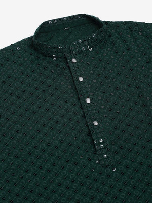 romj Men Chikan Embroidery Straight Kurta(Green)
