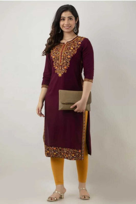 GODWEEN Women Embroidered Straight Kurta(Maroon)