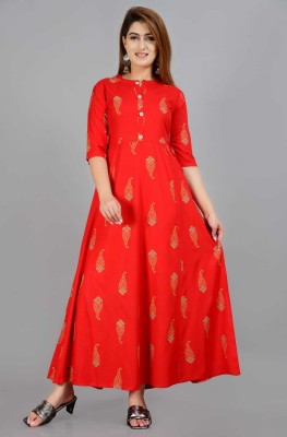 dhanak Women Printed Flared Kurta(Red)