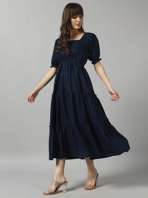 Jash Creation Women Fit and Flare Blue Midi/Calf Length Dress