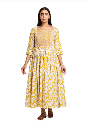 ALPINE STYLE Women Floral Print Anarkali Kurta(Yellow)