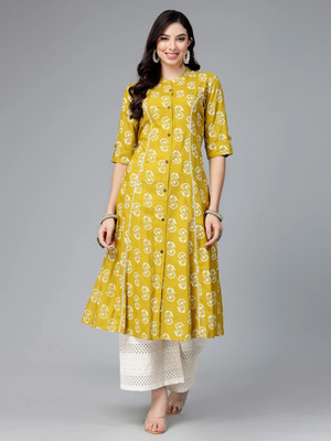 Stylum Women Floral Print, Embellished A-line Kurta(Yellow)