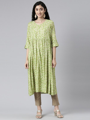 SAMHITAS Women Abstract Flared Kurta(Light Green)