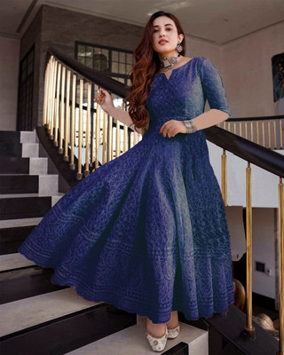 ZAZADIYA ENTERPRISE Women Chikan Embroidery Anarkali Kurta(Blue)