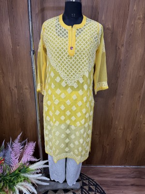 RP CHIKAN Women Chikan Embroidery Straight Kurta(Yellow)