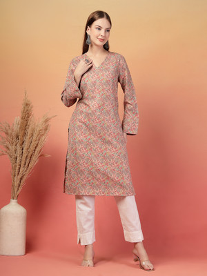DEIFIC Women Floral Print Straight Kurta(Pink)