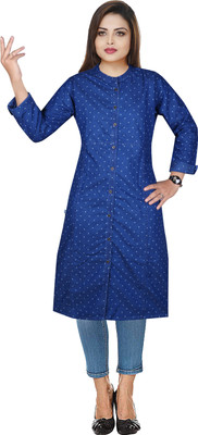 CEFALU Women Polka Print Straight Kurta(Dark Blue)