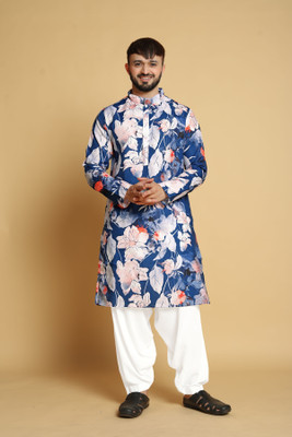 VISHESTA Men Floral Print Straight Kurta(Dark Blue)