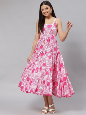 Demirner Women Printed Anarkali Kurta(Pink, White, Red)
