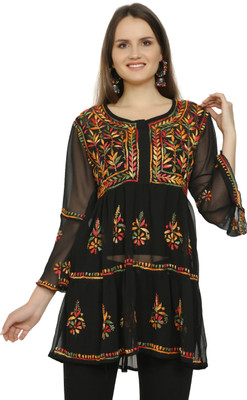 aerotick Women Chikan Embroidery, Embroidered, Self Design Ethnic Dress Kurta(Black, Multicolor)