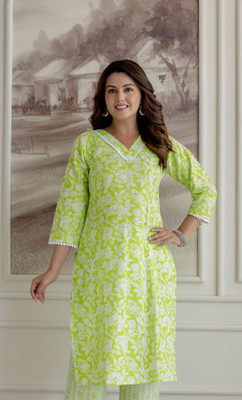 OZCAN Women Floral Print A-line Kurta(Green, White)