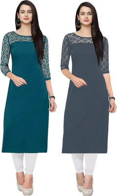 Maheshvi Women Embellished Straight Kurta(Grey, Dark Blue)