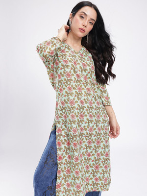 Anouk Rustic Women Floral Print Straight Kurta(Green)