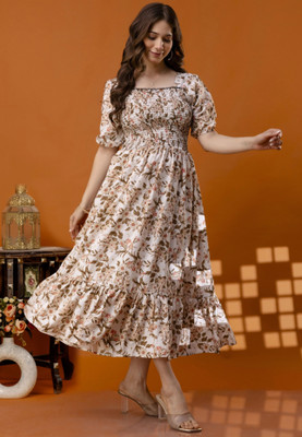fantasy fab Women Printed Anarkali Kurta(White, Brown)