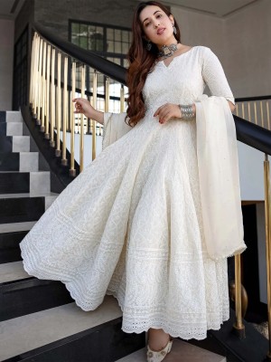 Jaipur Threads Women Embroidered Anarkali Kurta(White)