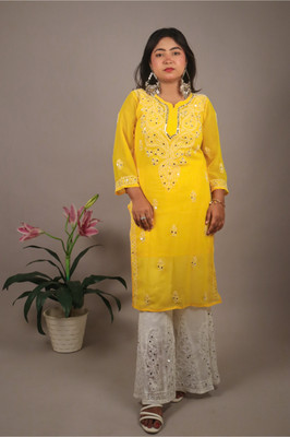 Hahatcloset Women Chikan Embroidery Anarkali Kurta(Yellow)