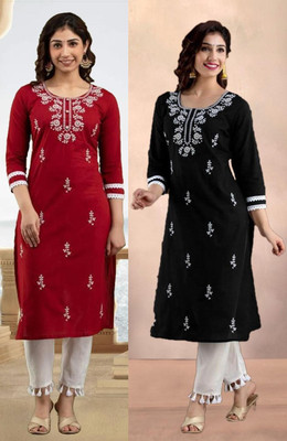 SISTO Women Chikan Embroidery Straight Kurta(Multicolor)