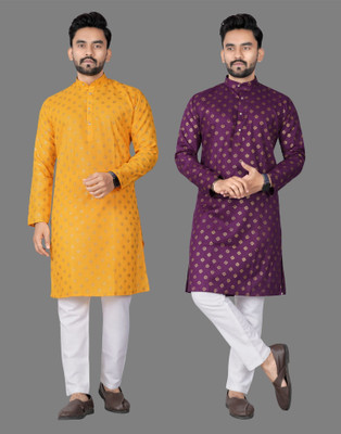 DHASU TRENDZ Men Printed Straight Kurta(Purple, Yellow)