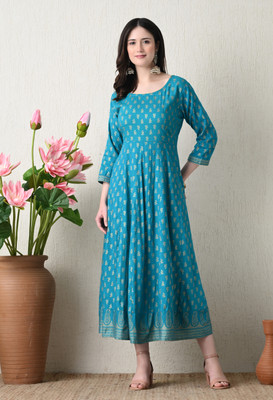 saanvi collection Women Floral Print Anarkali Kurta(Dark Blue)