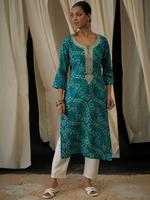ANOUK Women Embroidered Straight Kurta(Green)