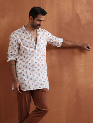 TrueBrowns Men Printed Straight Kurta(White)