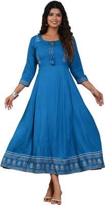 ShreeShyam Handicraft Women Embroidered Flared Kurta(Blue)