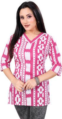 FINIFAB Women Printed, Geometric Print A-line Kurta(Pink, White)