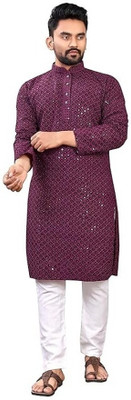 JENJEE Men Embellished, Embroidered A-line Kurta(Purple)
