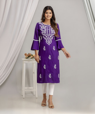 Purvija Kurties Women Chikan Embroidery, Embroidered Straight Kurta(Blue)