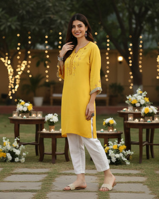 maaesa Women Embroidered Straight Kurta(Yellow)