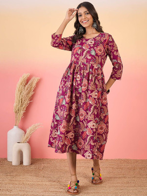 ANOUK Women Printed Straight Kurta(Purple)