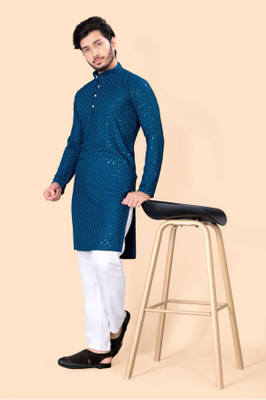 Shree Dutt Creation Men Chikan Embroidery Straight Kurta(Blue)