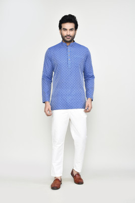 POLY2FAB Men Printed, Self Design Straight Kurta(Blue)