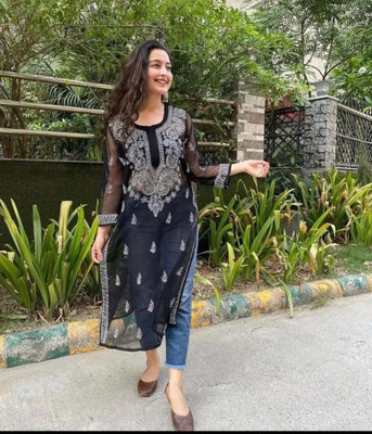 FS FASHION Women Chikan Embroidery Straight Kurta(Black)